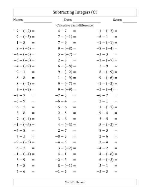 The Subtracting Mixed Integers from -9 to 9 (75 Questions) (C) Math Worksheet