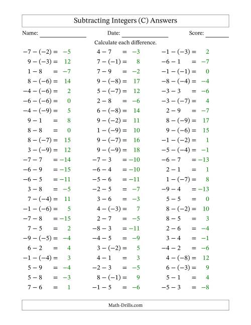 The Subtracting Mixed Integers from -9 to 9 (75 Questions) (C) Math Worksheet Page 2