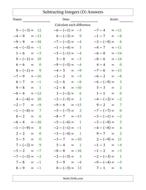 The Subtracting Mixed Integers from -9 to 9 (75 Questions) (D) Math Worksheet Page 2