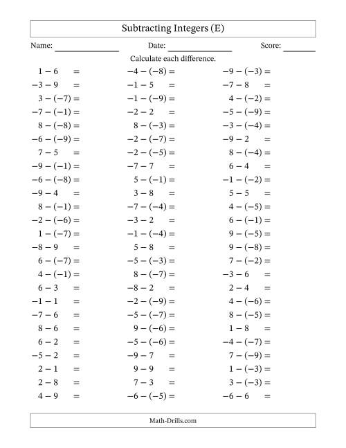The Subtracting Mixed Integers from -9 to 9 (75 Questions) (E) Math Worksheet