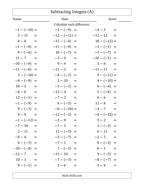 The Subtracting Mixed Integers from -12 to 12 (75 Questions) (A) Math Worksheet