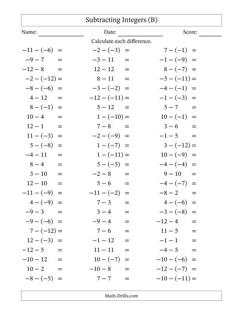 The Subtracting Mixed Integers from -12 to 12 (75 Questions) (B) Math Worksheet