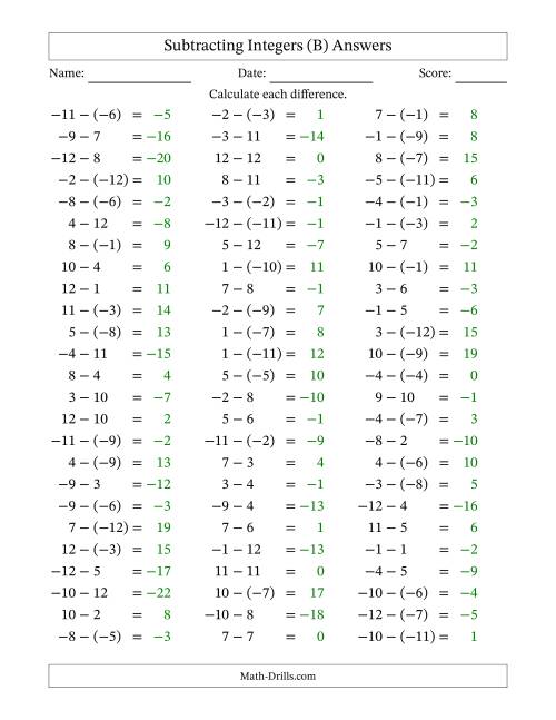 The Subtracting Mixed Integers from -12 to 12 (75 Questions) (B) Math Worksheet Page 2
