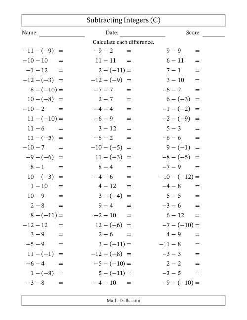 The Subtracting Mixed Integers from -12 to 12 (75 Questions) (C) Math Worksheet