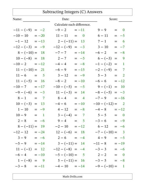 The Subtracting Mixed Integers from -12 to 12 (75 Questions) (C) Math Worksheet Page 2