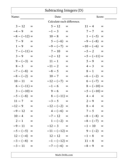 The Subtracting Mixed Integers from -12 to 12 (75 Questions) (D) Math Worksheet