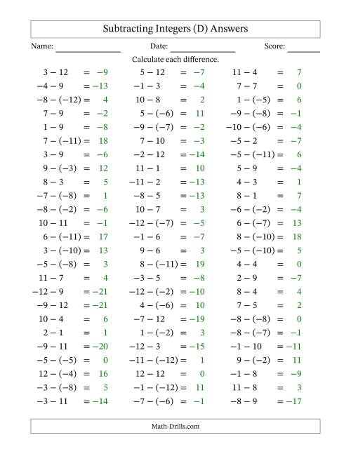The Subtracting Mixed Integers from -12 to 12 (75 Questions) (D) Math Worksheet Page 2
