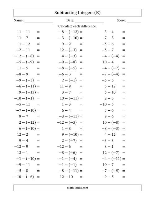 The Subtracting Mixed Integers from -12 to 12 (75 Questions) (E) Math Worksheet