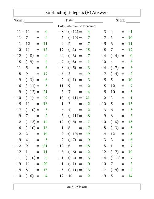 The Subtracting Mixed Integers from -12 to 12 (75 Questions) (E) Math Worksheet Page 2