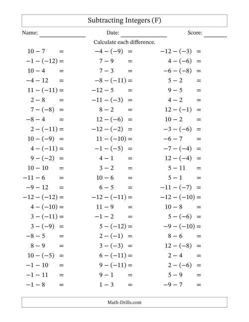 The Subtracting Mixed Integers from -12 to 12 (75 Questions) (F) Math Worksheet
