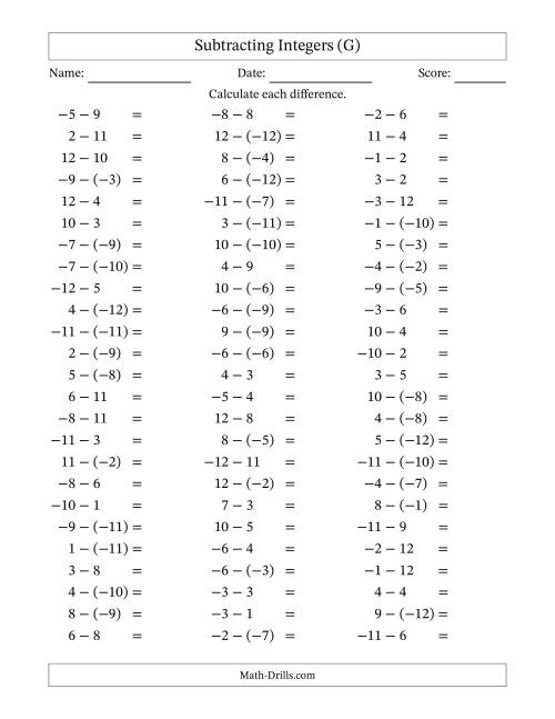 The Subtracting Mixed Integers from -12 to 12 (75 Questions) (G) Math Worksheet
