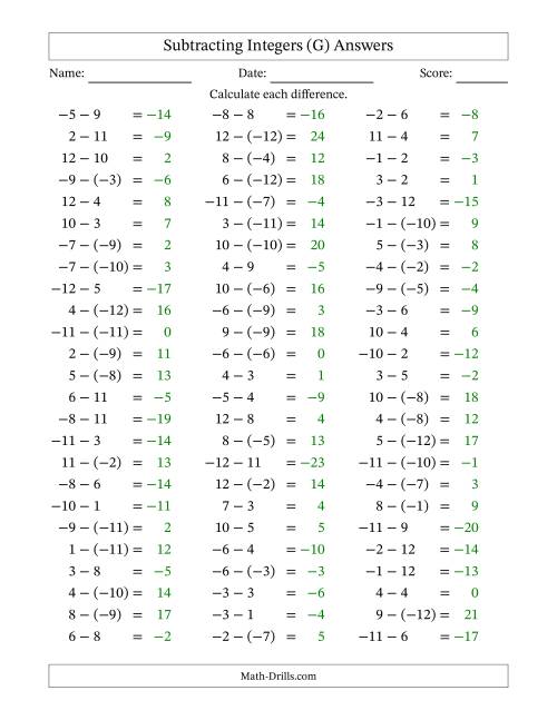 The Subtracting Mixed Integers from -12 to 12 (75 Questions) (G) Math Worksheet Page 2