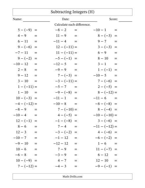 The Subtracting Mixed Integers from -12 to 12 (75 Questions) (H) Math Worksheet