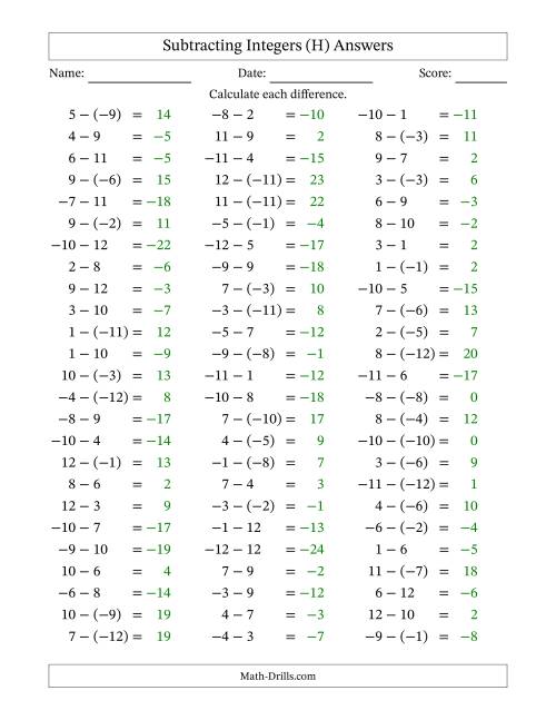 The Subtracting Mixed Integers from -12 to 12 (75 Questions) (H) Math Worksheet Page 2