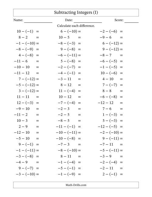 The Subtracting Mixed Integers from -12 to 12 (75 Questions) (I) Math Worksheet