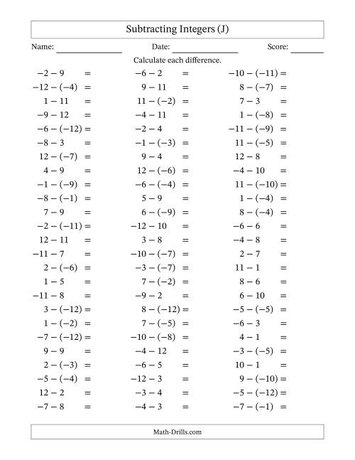 The Subtracting Mixed Integers from -12 to 12 (75 Questions) (J) Math Worksheet