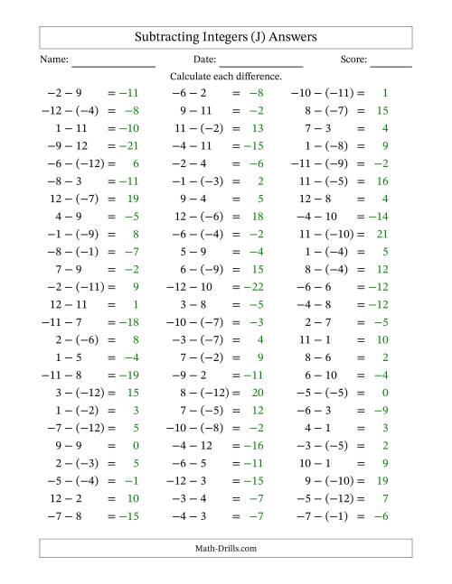 The Subtracting Mixed Integers from -12 to 12 (75 Questions) (J) Math Worksheet Page 2