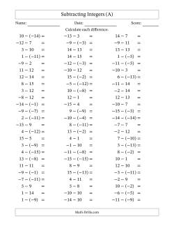 Subtracting Mixed Integers from -15 to 15 (75 Questions)