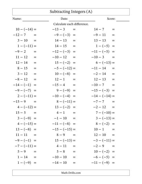 Subtracting Mixed Integers from -15 to 15 (75 Questions) (A)