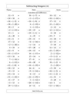 Subtracting Mixed Integers from -20 to 20 (75 Questions)