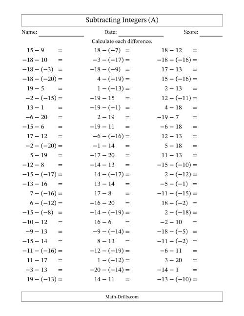 The Subtracting Mixed Integers from -20 to 20 (75 Questions) (A) Math Worksheet