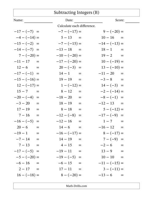 The Subtracting Mixed Integers from -20 to 20 (75 Questions) (B) Math Worksheet