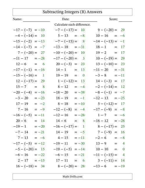 The Subtracting Mixed Integers from -20 to 20 (75 Questions) (B) Math Worksheet Page 2