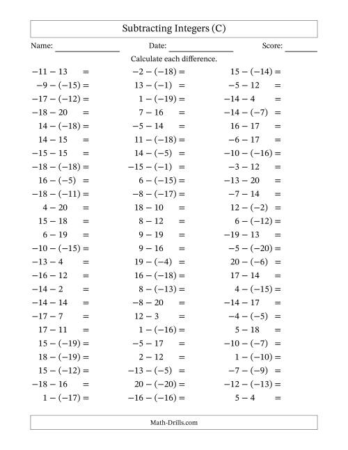 The Subtracting Mixed Integers from -20 to 20 (75 Questions) (C) Math Worksheet