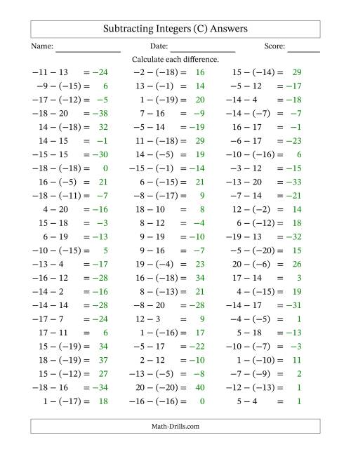 The Subtracting Mixed Integers from -20 to 20 (75 Questions) (C) Math Worksheet Page 2