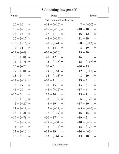 The Subtracting Mixed Integers from -20 to 20 (75 Questions) (D) Math Worksheet