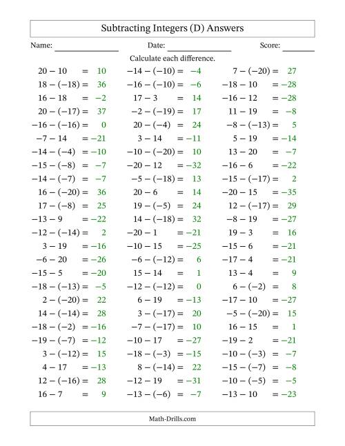 The Subtracting Mixed Integers from -20 to 20 (75 Questions) (D) Math Worksheet Page 2