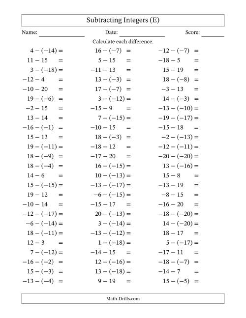 The Subtracting Mixed Integers from -20 to 20 (75 Questions) (E) Math Worksheet