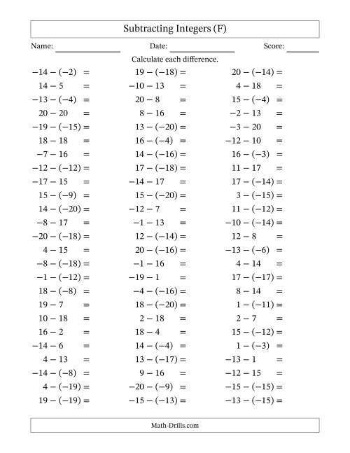 The Subtracting Mixed Integers from -20 to 20 (75 Questions) (F) Math Worksheet