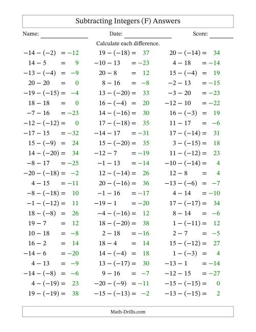 The Subtracting Mixed Integers from -20 to 20 (75 Questions) (F) Math Worksheet Page 2