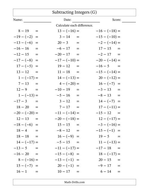 The Subtracting Mixed Integers from -20 to 20 (75 Questions) (G) Math Worksheet
