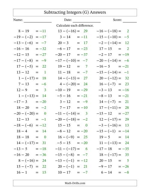 The Subtracting Mixed Integers from -20 to 20 (75 Questions) (G) Math Worksheet Page 2
