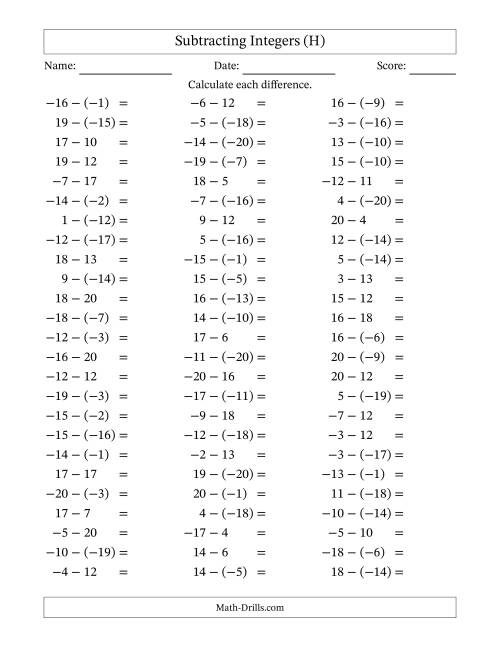 The Subtracting Mixed Integers from -20 to 20 (75 Questions) (H) Math Worksheet