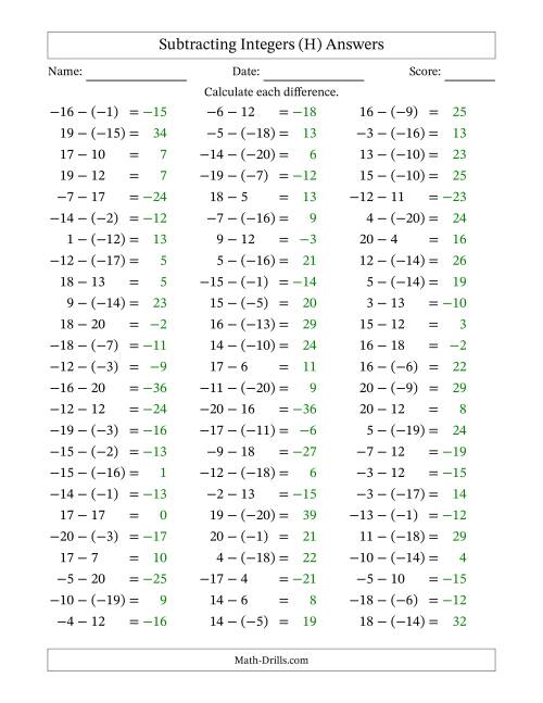 The Subtracting Mixed Integers from -20 to 20 (75 Questions) (H) Math Worksheet Page 2