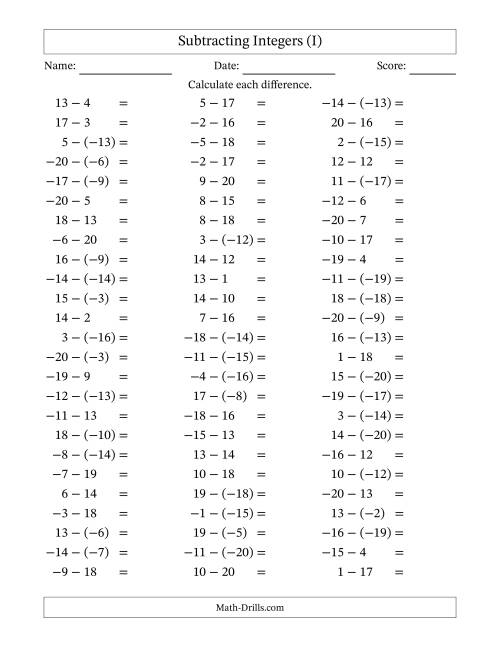 The Subtracting Mixed Integers from -20 to 20 (75 Questions) (I) Math Worksheet