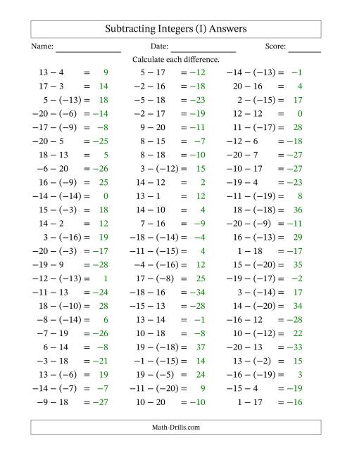 The Subtracting Mixed Integers from -20 to 20 (75 Questions) (I) Math Worksheet Page 2