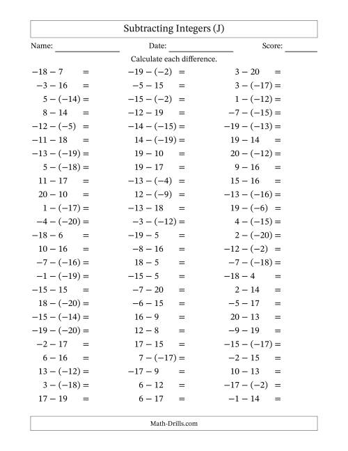 The Subtracting Mixed Integers from -20 to 20 (75 Questions) (J) Math Worksheet