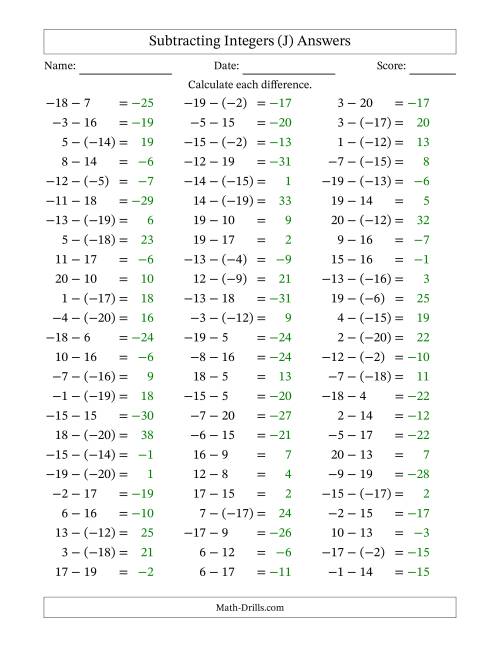 The Subtracting Mixed Integers from -20 to 20 (75 Questions) (J) Math Worksheet Page 2