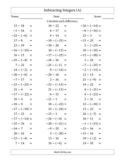 Subtracting Mixed Integers from -25 to 25 (75 Questions)