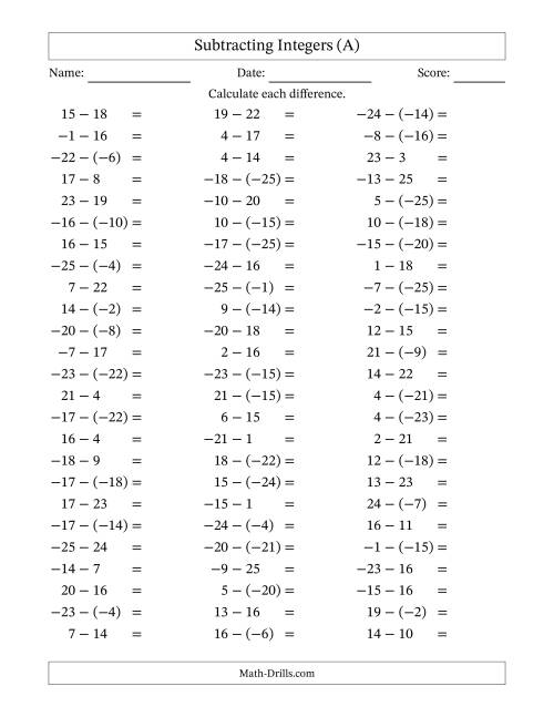 The Subtracting Mixed Integers from -25 to 25 (75 Questions) (A) Math Worksheet