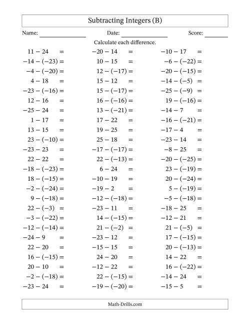 The Subtracting Mixed Integers from -25 to 25 (75 Questions) (B) Math Worksheet
