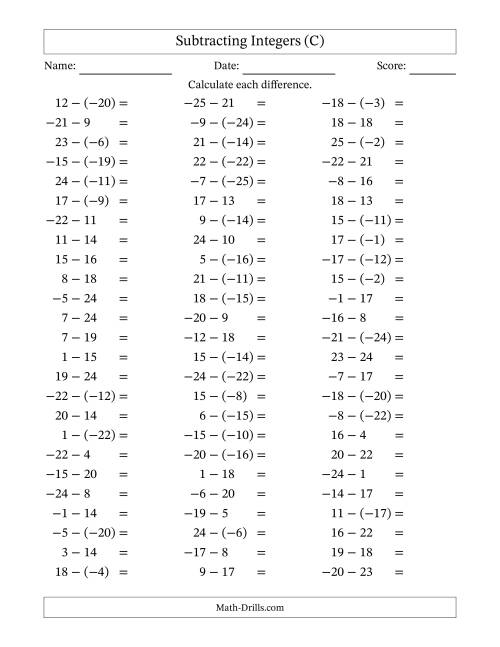 Subtracting Integers from (-25) to (+25) (Negative Numbers in ...