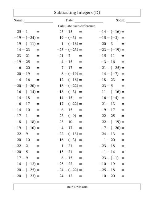 The Subtracting Mixed Integers from -25 to 25 (75 Questions) (D) Math Worksheet
