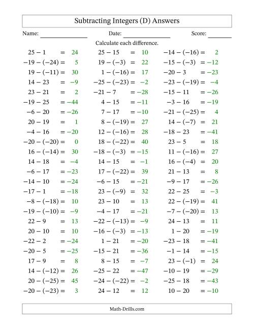 The Subtracting Mixed Integers from -25 to 25 (75 Questions) (D) Math Worksheet Page 2