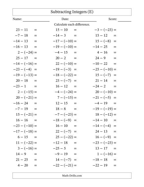 The Subtracting Mixed Integers from -25 to 25 (75 Questions) (E) Math Worksheet