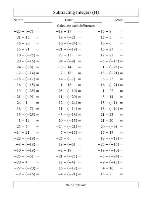 The Subtracting Mixed Integers from -25 to 25 (75 Questions) (H) Math Worksheet